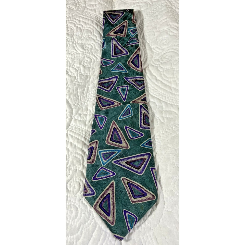 Swing Art Deco Geometric Silk Necktie Tie Men's Green/Purple Vintage USA 1990s